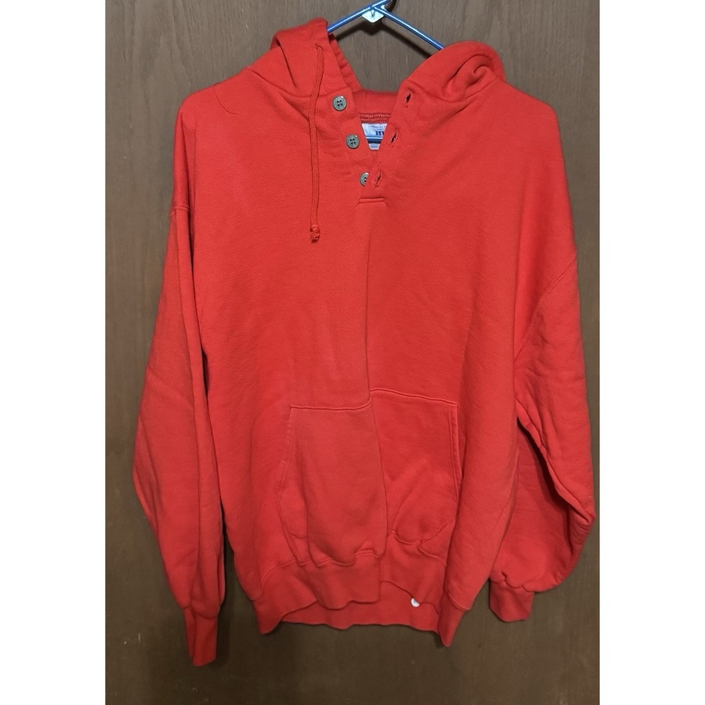 Vintage Russell High Cotton Red Hooded Henley Sweatshirt Sz XL Made in USA GTb31